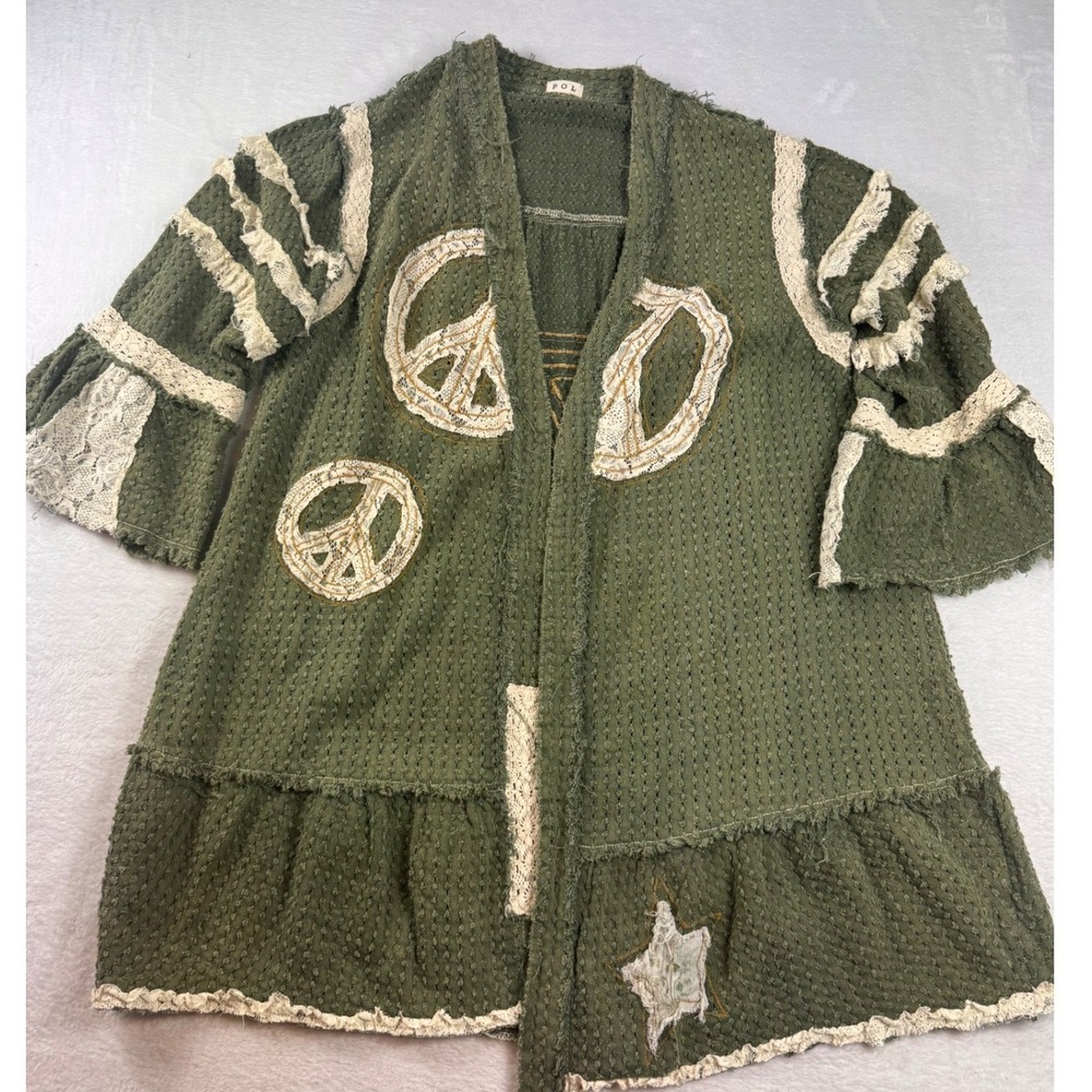 POL Olive Green Waffle Knit Lace Peace Sign Boho Cardigan UWT473 Womens L